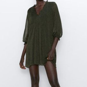 Zara Flowy Printed Dress, Green with Black Dots